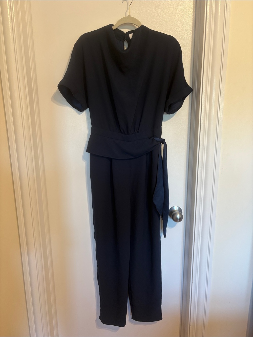 Reiss Dark Navy Short-Sleeve Tie-Waist Jumpsuit